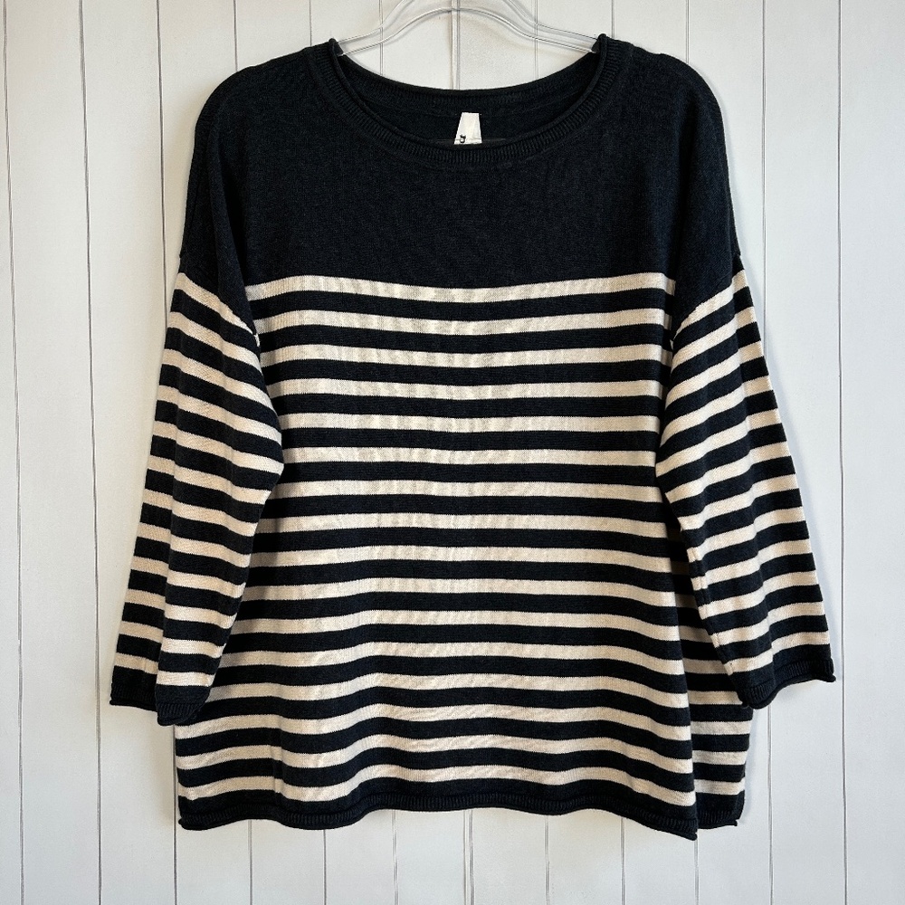 Pact size XL  fine knit wide neck pullover sweater boxy gray stripe cotton